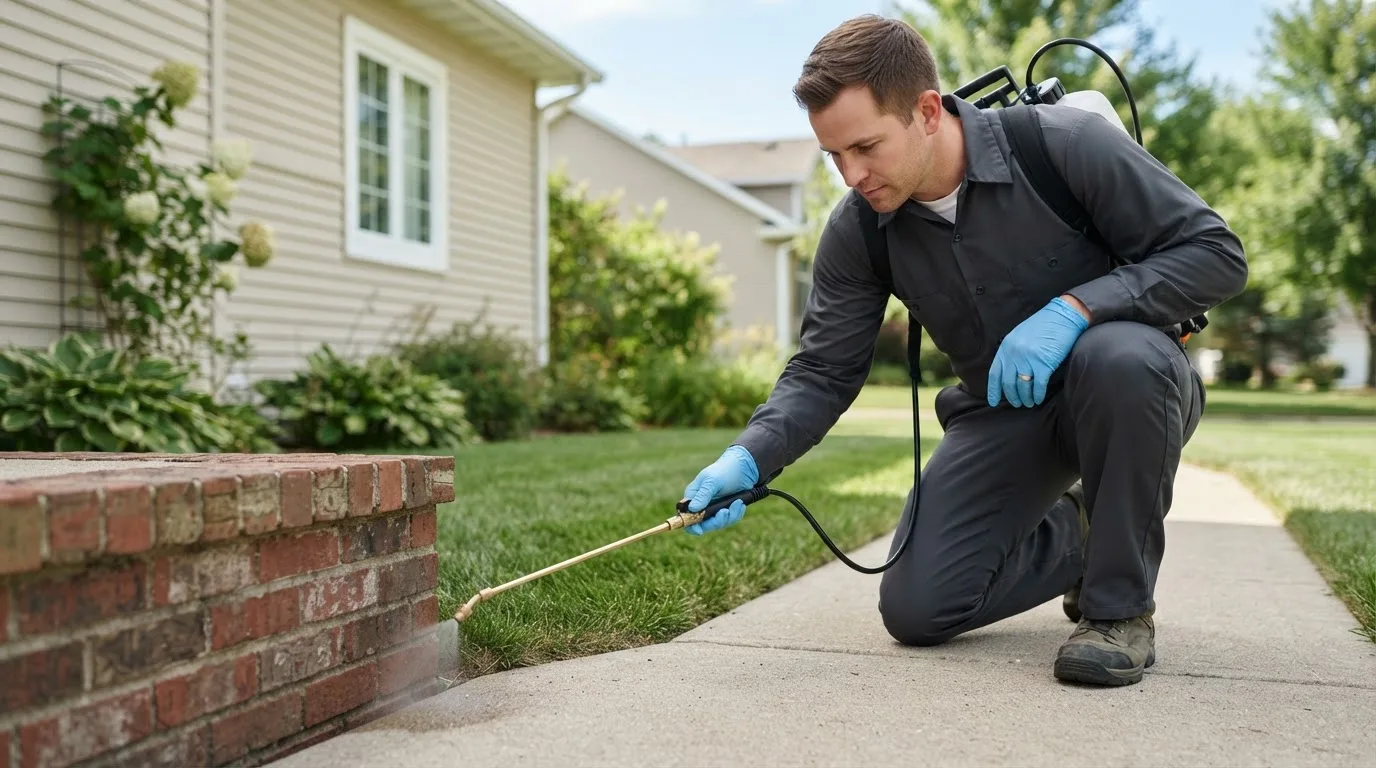 Pest control technician treating a home near Easton, CT